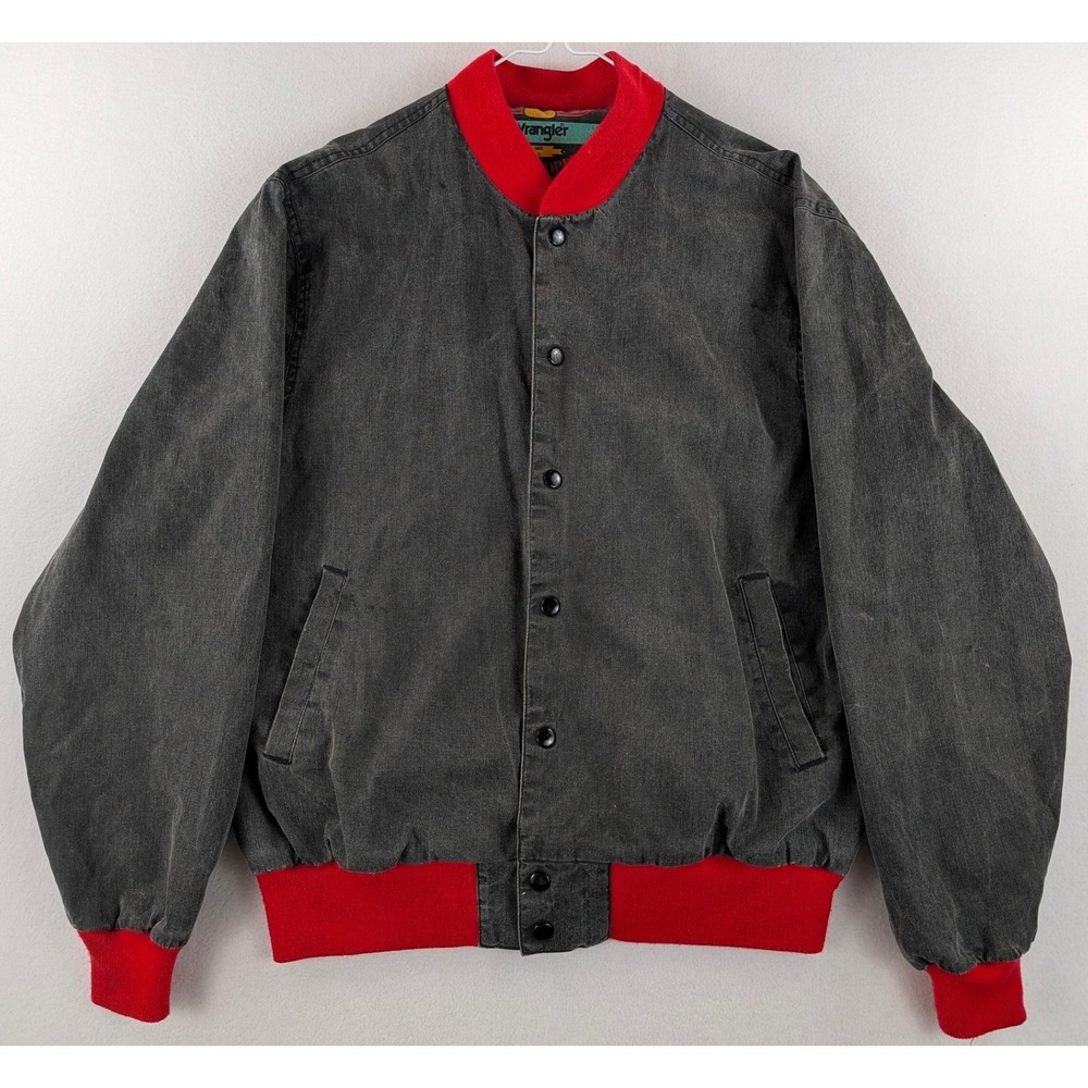 Vintage 90s Wrangler Brushpopper Canvas Bomber Jacket Mens L Black Red Western